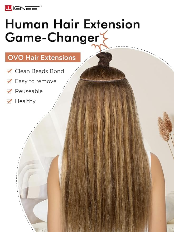 WIGNEE Double Weft Invisible PU OVO Human Hair Extensions 22 Inch Micro Beads Hair Extensions Real Human Hair Highlight Honey Blonde Genius Weft Hair Extensions Human Hair(T4/27)