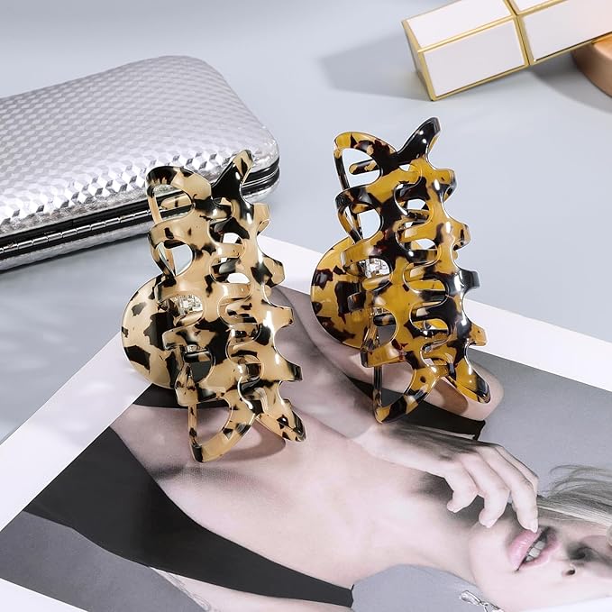 Shinowa Hair Clips, 2-Pack Bohemian Tortoise Shell Hair Claw Clips Strong Hold Big Hair Jaw Clips for Thick Hair, Hair Accessories for Women Girls, Leopard