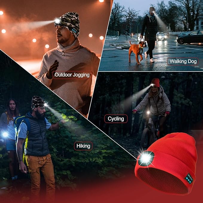 Gifts for Men, Rechargeable Bluetooth Music Unisex Beanie Hat with Light, Stocking Stuffers for Women, Birthday Gifts for Men, for Him, Red