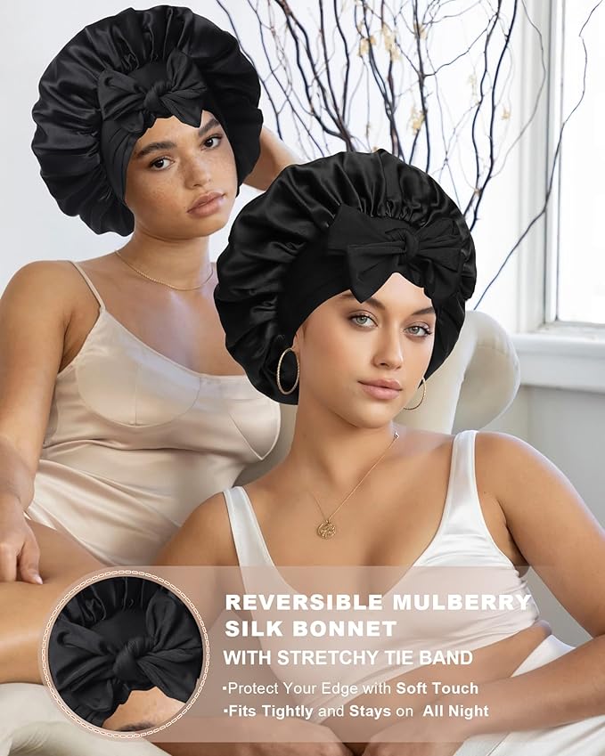 Mulberry Silk Bonnet Sleeping Women Curly Hair Bonnets Tie Band Double Layer Reversible Sleep Bonnet Silk Hair Wrap Sleep Cap