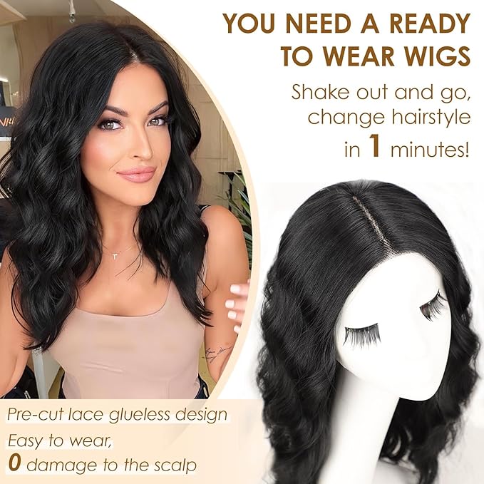 AISI HAIR Black Wig for Women Medium Length Wave Curly Glueless Synthetic Heat Resistant Hair Wigs for Daily Party Cosplay