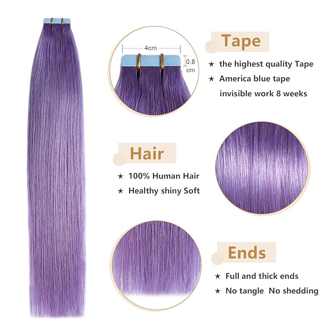 YILITE Purple Tape in Hair Extensions Remy Human Hair 20pcs 40g Tape Hair 16 inches