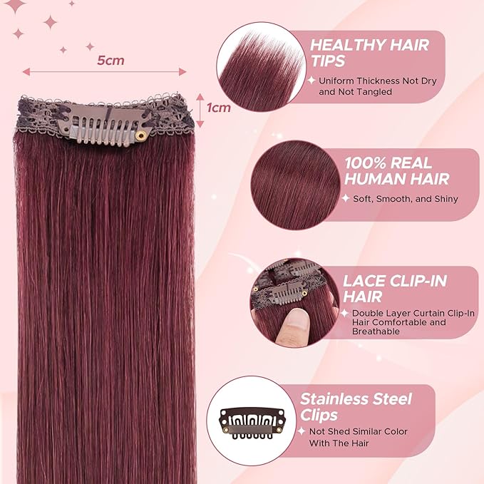 Clip in Hair Extensions Real Human Hair for Women, 14 Inch 36g 6pcs, Wine Red, Straight - Highlight, Add Volume and Length for Daily Wear, Parties, Weddings