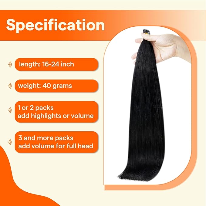 Full Shine I Tip Hair Extensions Human Hair 22 Inch Jet Black 40 Grams Long Straight Remy Hair for Women Itip Human Hair Extensions Pre Bonded Tip Extensions Cold Fusion