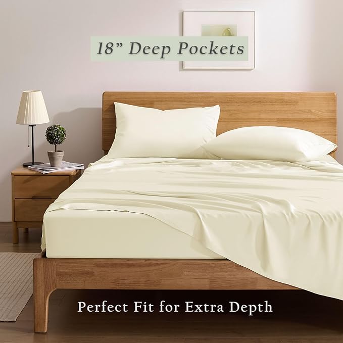 TOSMO Luxury Cooling Sheet Set - 100% Viscose from Bamboo, 4-Piece Bedding Set (Cal King Size) - 18” Extra Deep Pockets, Oeko-Tex Certified, Silky Soft and Breathable, Vanilla Yellow