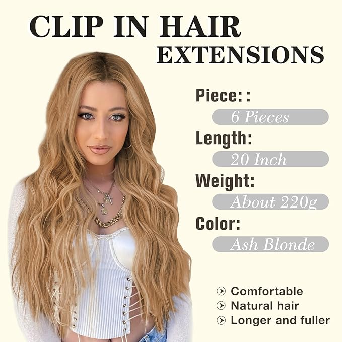 NAYOO Clip in Hair Extensions for Women 20 Inch Long Wavy curly Ash Blonde Hairpieces Full Head Synthetic Hair Hairpieces (6PCS, Ash Blonde)