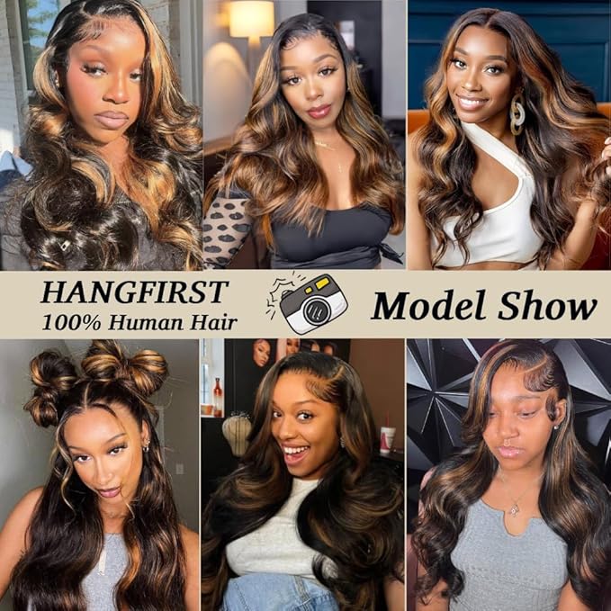 30Inch 13x6 Highlight Body Wave Lace Front Wig Human Hair Pre Plucked 180% Density 1B/30 Ombre Frontal Wigs Brazilian Virgin Human Hair Wigs for Women Pre Plucked with Baby Hair