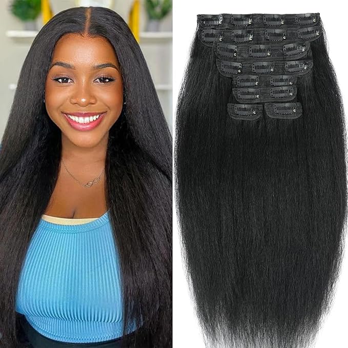 14 Inch Kinky Straight Clip in Hair Extensions Real Human Hair for Women 110g Yaki Straight Clip ins Brazilian Remy Human Hair Extensions Yaki clip ins hair extensions double weft with 20clips