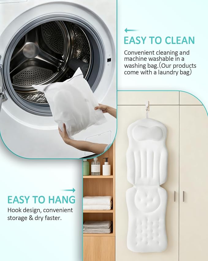 Full Body Bath Pillow for Bathtub, 5D Thick Tub Pillow for Bathtub with 192 Non-Slip Suction Cups, Laundry Bag & Hook, Bathtub Pillow for Head, Neck & Back Support (White, 51"*15")