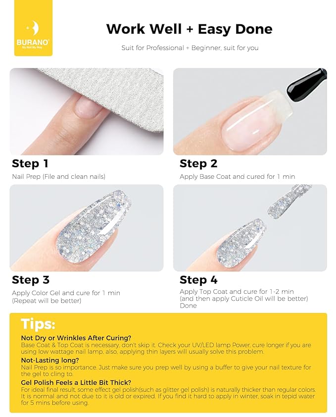 BURANO Glitter Gel Nail Polish with LED UV Curing, Sparkle Gel Holographic Effect, Soak off, No Chip Home DIY Salon (Silver LP19)
