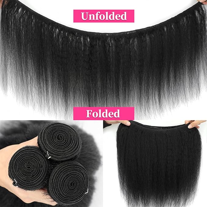 18 20 22 Inch Kinky Straight Bundles Yaki Straight Human Hair Bundles Full and Thick 3 Bundles Sew in Kinky Straight Human Hair For Black Women Natural Black Color
