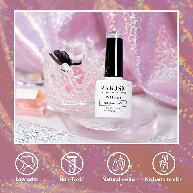 RARJSM Holographic Gel Nail Polish Light Purple Pink Rainbow Glitter Reflective Iridescent Gel Polish Curing Required Unicorn Mirror Chrome Laser Effect Soak off for Summer Salon Home Manicure 7.5ML