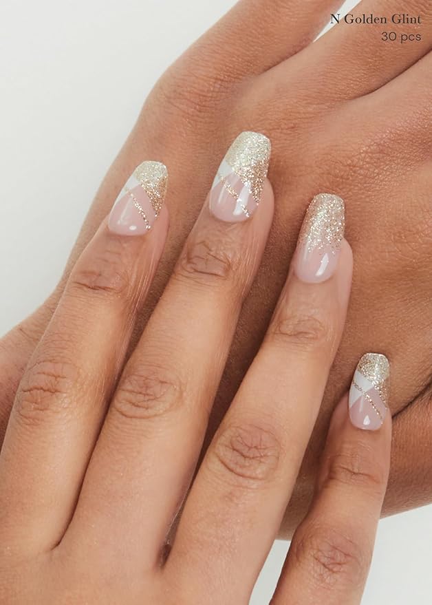 ohora Semi Cured Gel Nail Strips (N Golden Glint) - Nude/White Works with Any UV/LED Lamps, Salon-Quality, Long Lasting, Easy to Apply & Remove - Includes 2 Prep Pads, Nail File & Wooden Stick