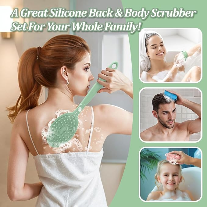 Silicone Back/Body/Face Scrubber & Soft Bath Glove Set 4PCS, Gentle Exfoliating Back & Body Scrubber with Dual-Side Brush Head, Hand-fit Bath Glove & Face Scrubber for Deep Cleaning(Green-4PC)