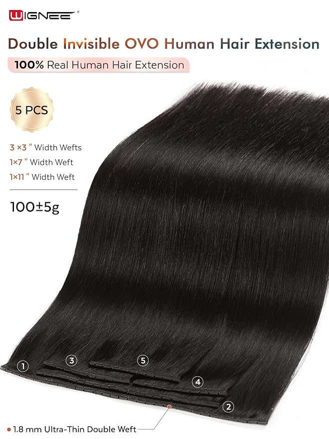 WIGNEE OVO Black Hair Extensions 20 Inch,100% Remy Human Hair,Double Hand-Tied Genius Glueless Weft,Seamless Soft Silky Hair Extensions,Add Volume for Thin Hair,Reusable Salon Quality for White Women