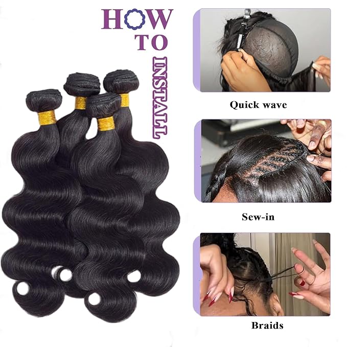 Human Hair Bundles 16 18 20 Inch 12A Body Wave Bundles Huam Hair Extensions Natural Color 3 Packs Hair Weave