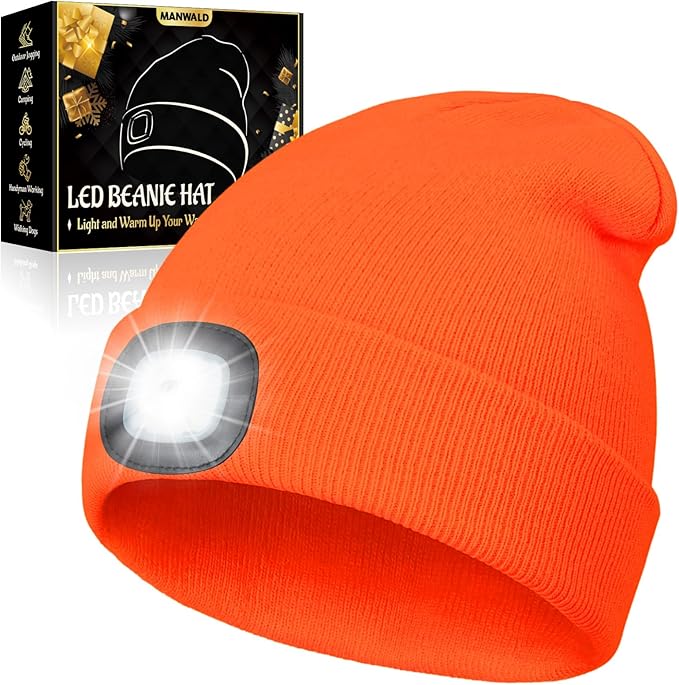LED Beanie Hat with Light, USB Rechargeable LED Headlamp, Christmas Stocking Stuffers for Men Adults, Gifts for Men Him Husband, Boyfriend, Orange