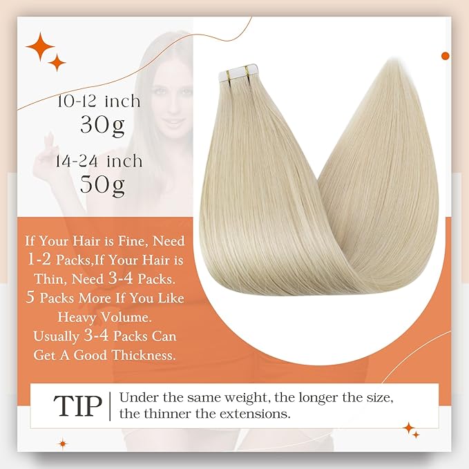 Full Shine Blonde Tape in Hair Extensions 16 Inch Tape in Human Hair Extensions Color 613 Blonde Seamless PU Tapes in Extensions 50 Grams 20 Pieces Skin Weft Hair Invisible Remy Hair