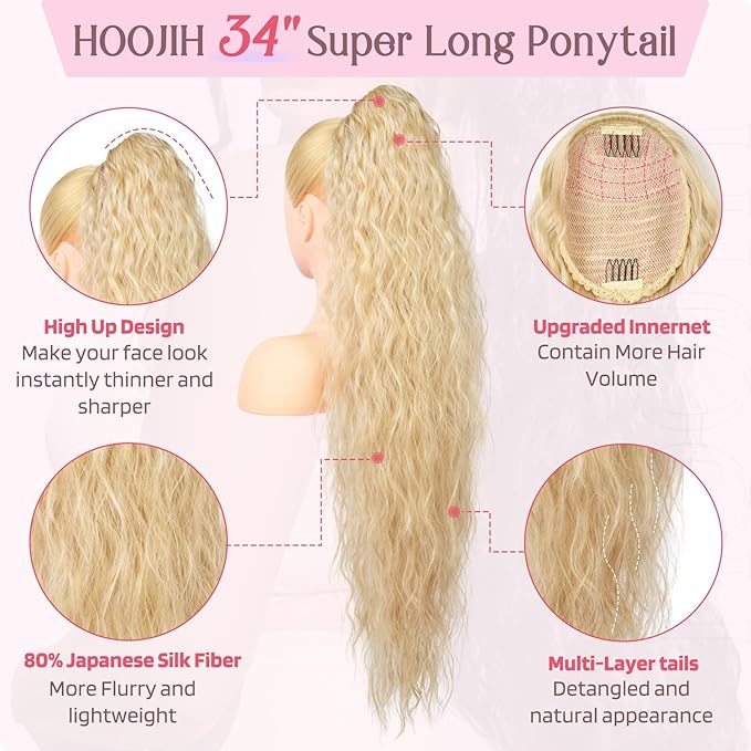 HOOJIH Ponytail Extension, 34 Inch Extra Long Drawstring Ponytail Honey Blonde Pony Tails Hair Extension Flurry Wavy Ponytails Soft Upgraded Synthetic Fiber Fake Ponytail Hairpiece for Women