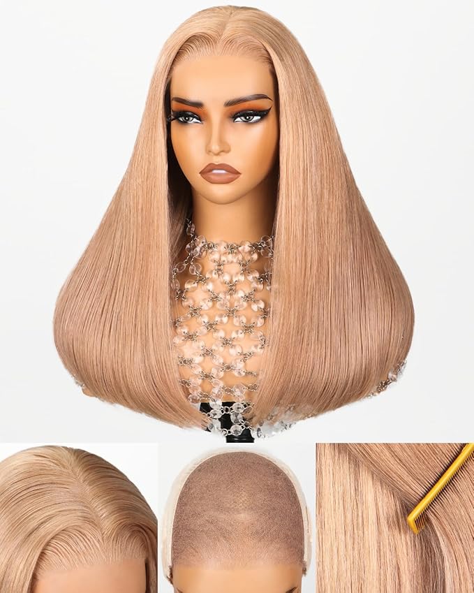 Arabella Blonde Wig Human Hair 230% Density Ready to Go Glueless Wigs Human Hair Pre Plucked Pre Cut 5x6 Lace Closure Wigs Human Hair Milk Tea Blonde Wig (18 Inch Straight Light Brown Wig)