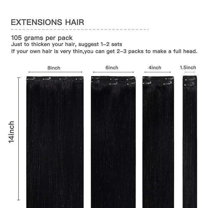 Black Clip in Human Hair Extensions 14 Inch Clip In Hair Extensions Lace Weft Real Human Hair Natural Black Brazilian Hair Clip in Extensions Silky Straight Remy Human Hair 7pcs 105g