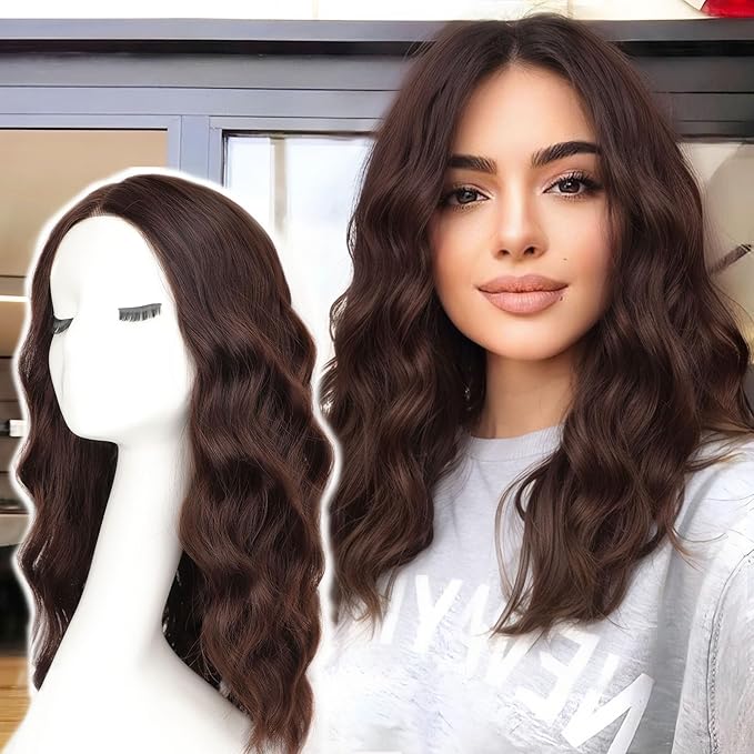 AISI HAIR Brunette Wig for Women Medium Length Wave Curly Glueless Synthetic Heat Resistant Hair Wigs for Daily Party Cosplay