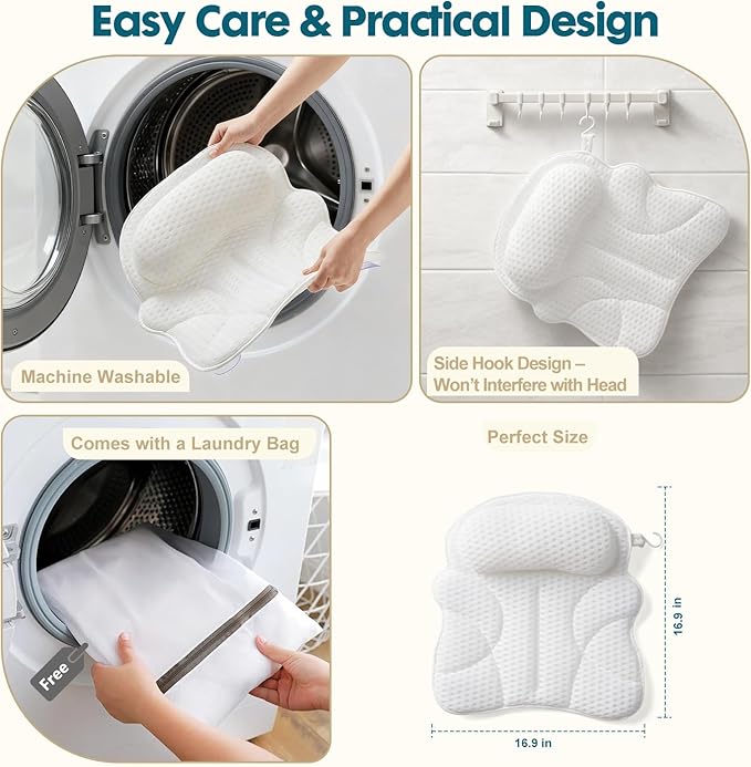 Bath Pillows for Tub – Bathtub Pillow with Head, Neck & Shoulder Support, Non-Slip Tub Pillow for Bathtub & Jacuzzi, Breathable Bath Tub Pillow with Wash Bag, Bath Accessories Gift for Women & Men