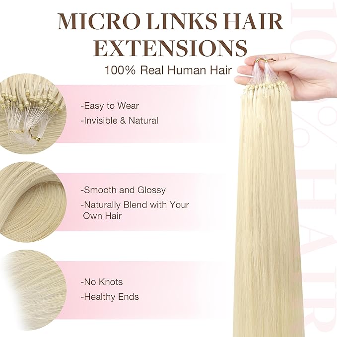 GOO GOO Micro Link Tip Hair Extensions, Real Human Hair, 16inch 50g 50S, Cold Fusion, Invisible Remy, 60A Platinum Blonde