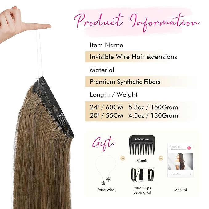 REECHO Invisible Wire Hair Extensions with Transparent Headband Adjustable Size Removable Secure Clips in Straight Secret Hairpiece for Women (20 Inch (Pack of 1), Light Ash Brown with Highlights)