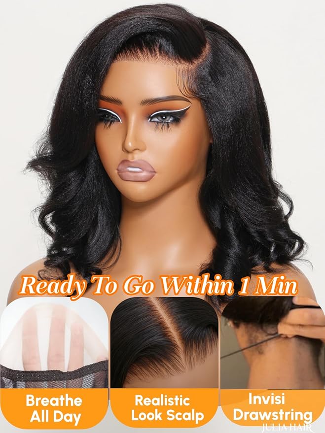 Julia Hair 10 Inch Light Yaki Loose Wave Bob Wig Put On and Go Glueless 13X4 HD Lace Front Short Natural Black Wigs Pre Plucked Pre Cut Lace Bleached Knots with Elastic Drawstring