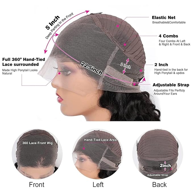 360 Lace Front Wigs Human Hair 220% Density Body Wave HD Lace Front Wigs Human Hair for Women 18 Inch Brazilian Virgin 360 Full Lace Human Hair Wigs Pre Plucked with Baby Hair Natural Color