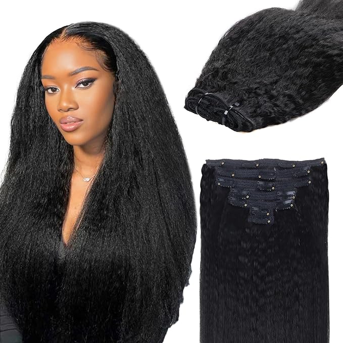 IDN BEAUTY Clip In Hair Extensions Real Human Hair, 24 Inch 120g 7pcs Kinky Straight Clip Ins Natural Black Human Hair Clip In Extensions Remy Hair Clip Ins Real Human Hair Black Women Thick Hair