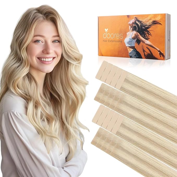 DOORES Invisi Edge Tape in Hair Extensions Human Hair, Dark Blonde Highlighted Bleach Blonde 10 Injection Tape-ins with 10 Classic Tape-ins 50g 16 Inch, Injection Tape in Extensions