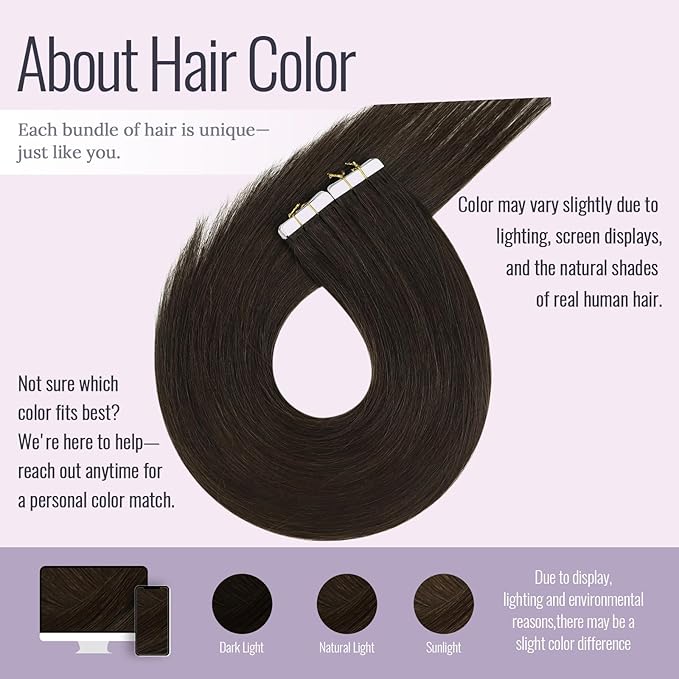 Fshine Tape ins Human Hair 26 Inch Seamless Remy Hair Tape in Extensions Human Hair Darkest Brown Skin Weft Tape in Extensions Straight Remy Human Hair Human Hair Extensions Long Tape 20pcs 50g