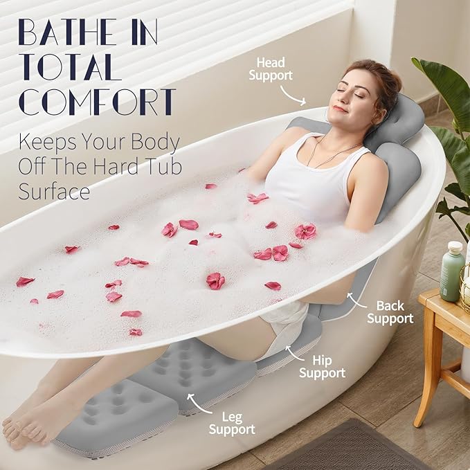 Full Body Bath Pillow for Bathtub, Thick Bathtub Cushion with Laundry Bag, Luxury Tub Pillow for Bath for Headrest Neck and Back Support Gray 60" x 16"