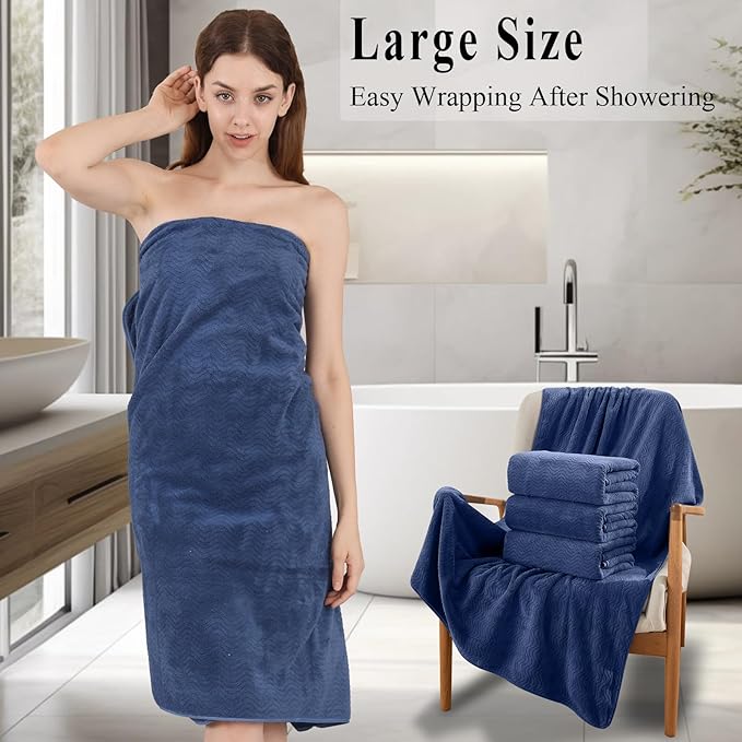 Bathroom Towels Set of 4, 35x70inch Oversized Bath Towels Extra Large Microfiber Shower Towels Textured Ultra Soft Absorbent Towels Quick Dry Towel Bath Sheets for Bathroom Hotel Spa Navy Blue