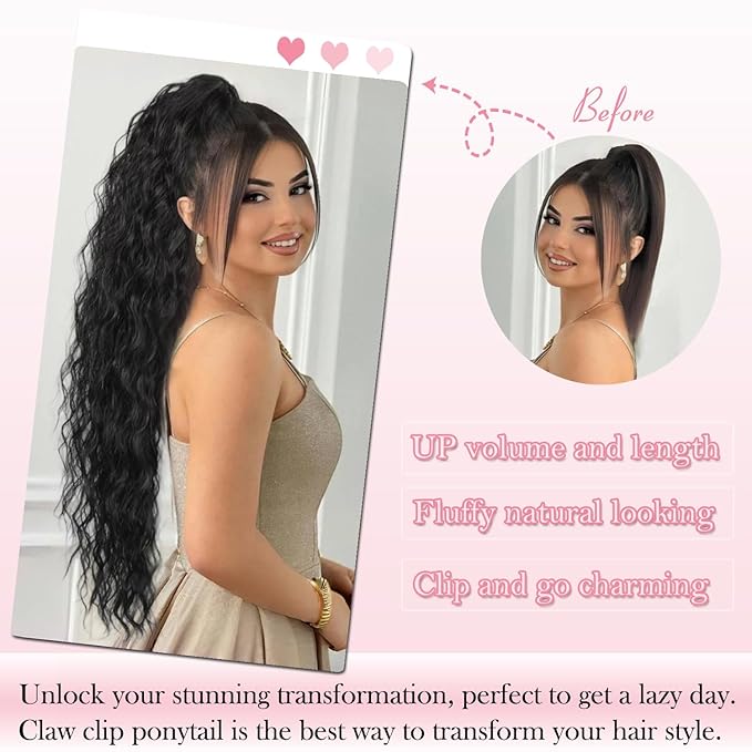 ENBEAUTIFUL 30" Claw Clip Ponytail Extension Long Wavy Ponytail Extension Synthetic Pony Tails Hair Extensions Clip in Synthetic Hair pieces Fluffy Natural Looking for Women Black