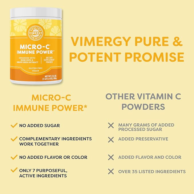 Vimergy Micro-C Immune Power TM * - 500g – 139 Servings – 2000mg/serving – Gentle Form – Antioxidant Phytonutrients – Immune & Nerve Support – Benefits Bone & Cartilage – Gluten-Free – Kosher – Vegan
