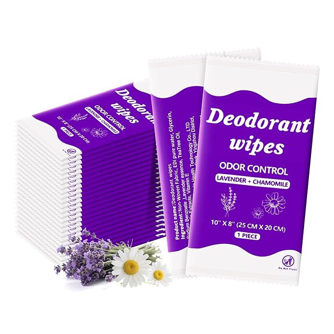 Travel Deodorant Body Shower Wipes Deodorizing Bathing Wipes, Disposable No Rinse Adults Women Men Individually Wrapped Underarm Sweat Antiperspirant Bath Wipe for Travel Camping Gym (Purple, 50 Pack)