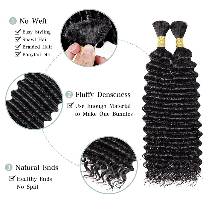 20 Inch Human Braiding Hair 100g Deep Wave Bulk Human Hair for Braiding Brazilian Virgin Human Hair Bundles Wet and Wavy Bundles No Weft Curly Human Hair Extensions for Boho Braids Natural Black