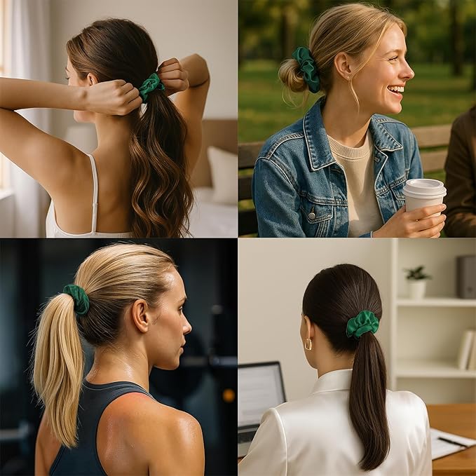 Pure Silk Scrunchies, 100% Mulberry Silk Hair Elastic for Women, Anti-Crease, Gentle on Hair, 1 PC, Green