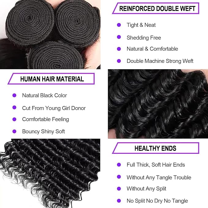 VIOLET 12A Deep Wave Human Hair Bundles 14 16 18 Inch Bundles Human Hair 100% Unprocessed Brazilian Virgin Hair Deep Wave 3 Bundles Human Hair Extensions for Women Natural Color
