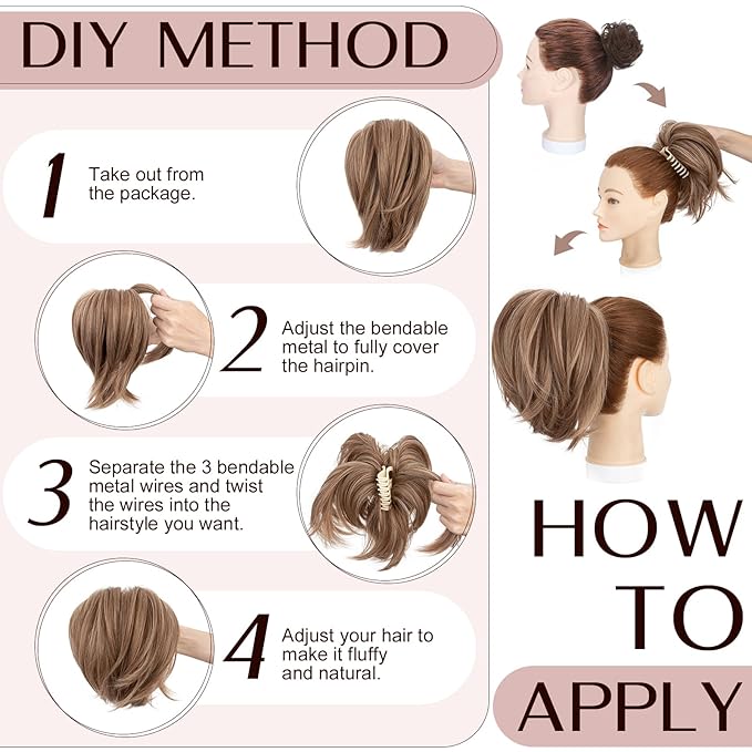 Claw Clip Short Ponytail Hair Extensions Messy Bun Hair Piece Pony Tails Hair Extensions with Bendable Metal Wire Hair Pieces DIY Style 8 Inch 12H24 Caramel Brown & Mousy blonde