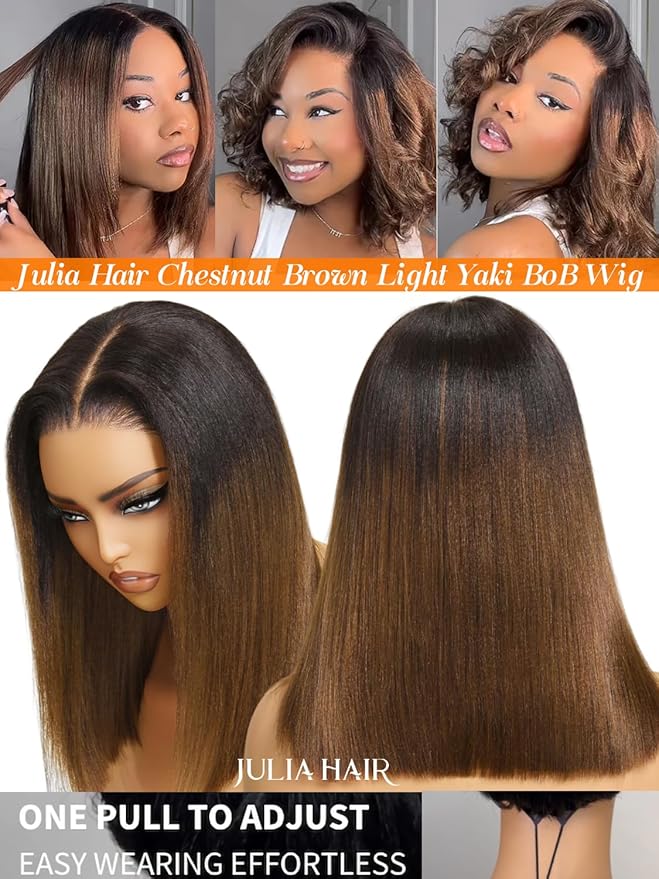Julia Hair 10 Inch Chestnut Brown Ombre Yaki Straight Bob Wig Glueless Pre Cut 13X4 HD Lace Front Wig Human Hair with Dark Roots Pre Bleached Pre-Plucked with Ear Tape Ready to Go Short Yaki Wig
