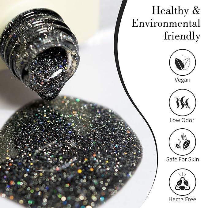 CANNI Glitter Gel Nail Polish – 1pcs 9ml Black Color, Diamond Glitter Series, Soak Off UV LED Gel Nail Polish for DIY Nail Art, Salon or Home Manicure