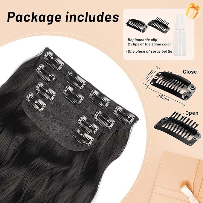 20Inch Jet Black Hair Extensions Clip in Hair Extension for Women 4PCS Long Wavy Hair Extension Clip Ins Thick Hairpieces Double Weft Natural Wave Synthetic Clip on Hair Extensions (20INCH, 1B)