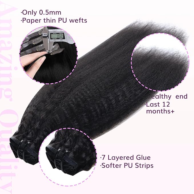 IDN BEAUTY Seamless Clip In Hair Extensions Human Hair, Kinky Straight 24 Inch 110g 7pcs Natural Black Remy Virgin Human Hair Seamless Clip Ins For Black Women PU Weft Invisible Edge