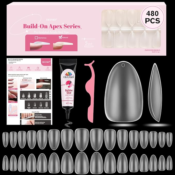EBANKU Build on Apex Natural Nail Tips, 16 Sizes 480 PCS Short Almond Clear Acrylic Full Cover Press on Nail Tips with Builder Glue, Pre-applied Tip Primer & Base Coat