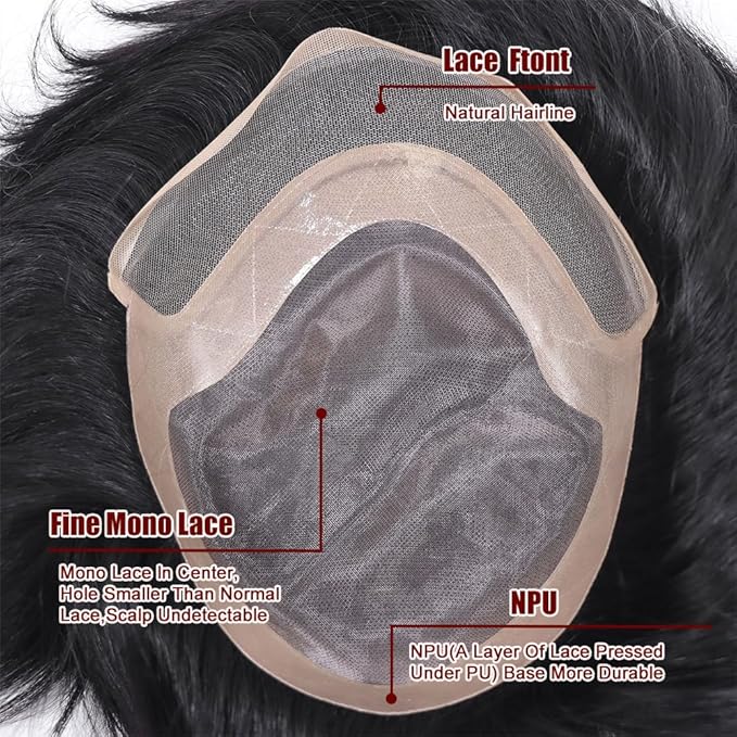 6x8 7x9 Hair Men’s Toupee Mono Lace PU Hairpiece Replacement Capillary Prosthesis System 100% Human Hair Breathable Durable Males Wig Natural Black (Black, 7x9)