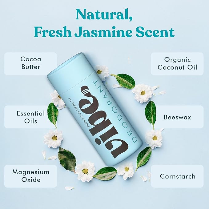 Vibe Aluminum Free Natural Deodorant for Women and Men - Long Lasting Odor Control with Organic Coconut Oil and Beeswax for Sensitive Skin, No Baking Soda or Parabens, Plastic Free (Jasmine)